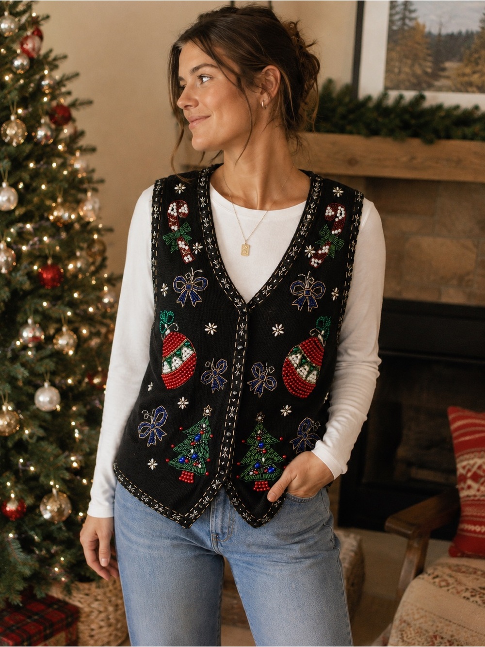 Vintage XL Christmas Ugly Sweater Vest Beaded Sequin Holiday Tree Ornament 90s